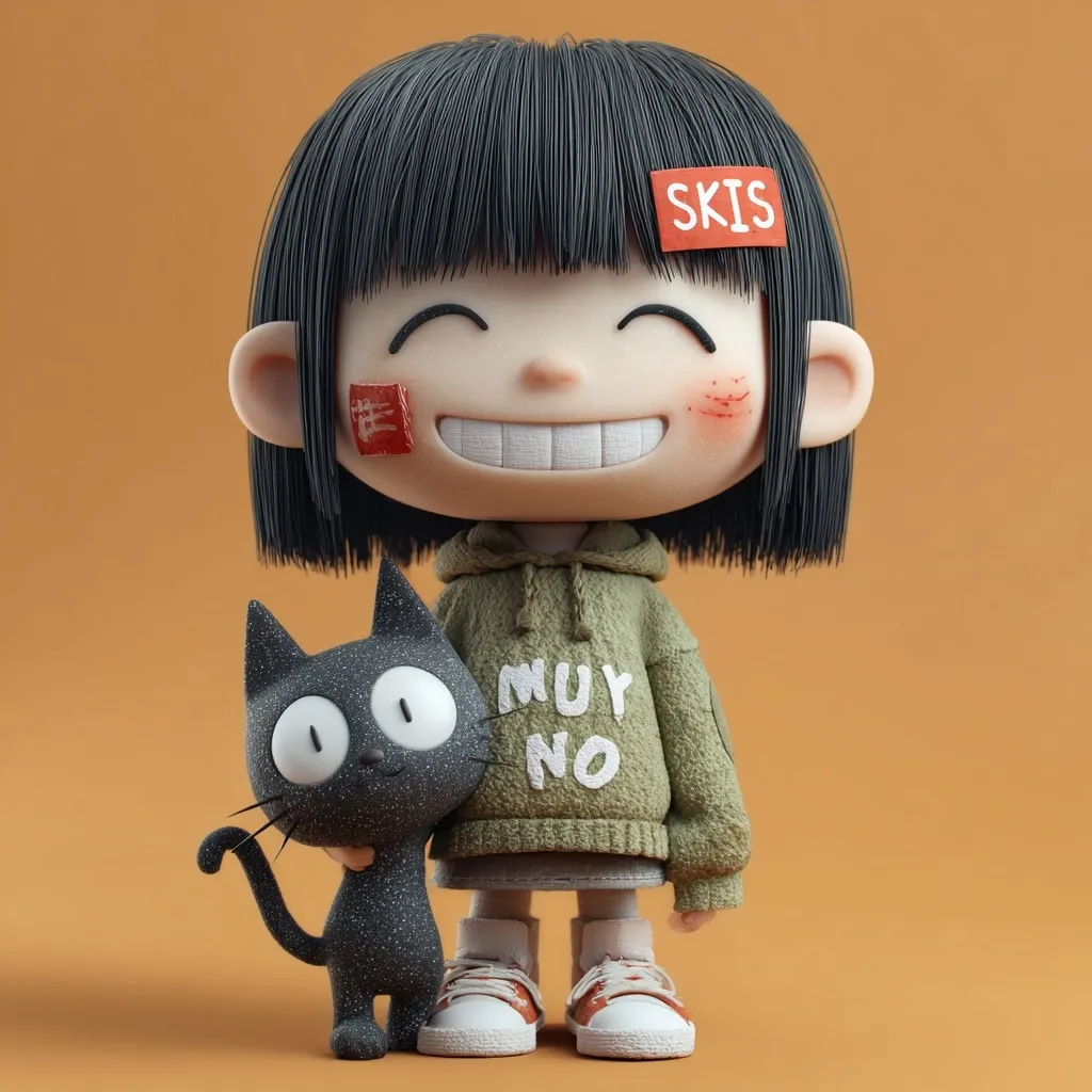 A cheerful 3D-rendered girl with short black hair smiles broadly.  She wears a green hoodie with "MUY NO" printed on it and red scuff marks on her cheeks.  A small, sparkly black cat stands beside her.  A red label reading "SKIS" is affixed to her hair. The overall style is cute and playful, set against a muted orange background.