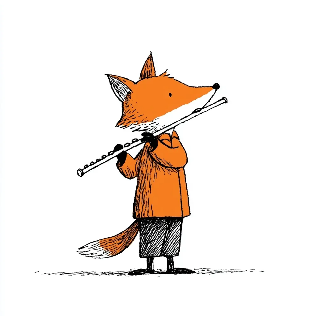 A charming illustration depicts a fox, dressed in an orange coat and dark trousers, playing a flute.  The fox is drawn in a simple, almost childlike style with black ink outlines and orange shading. Its posture is upright and attentive, suggesting concentration on the music. The flute is held horizontally, and the overall image conveys a sense of whimsical charm.