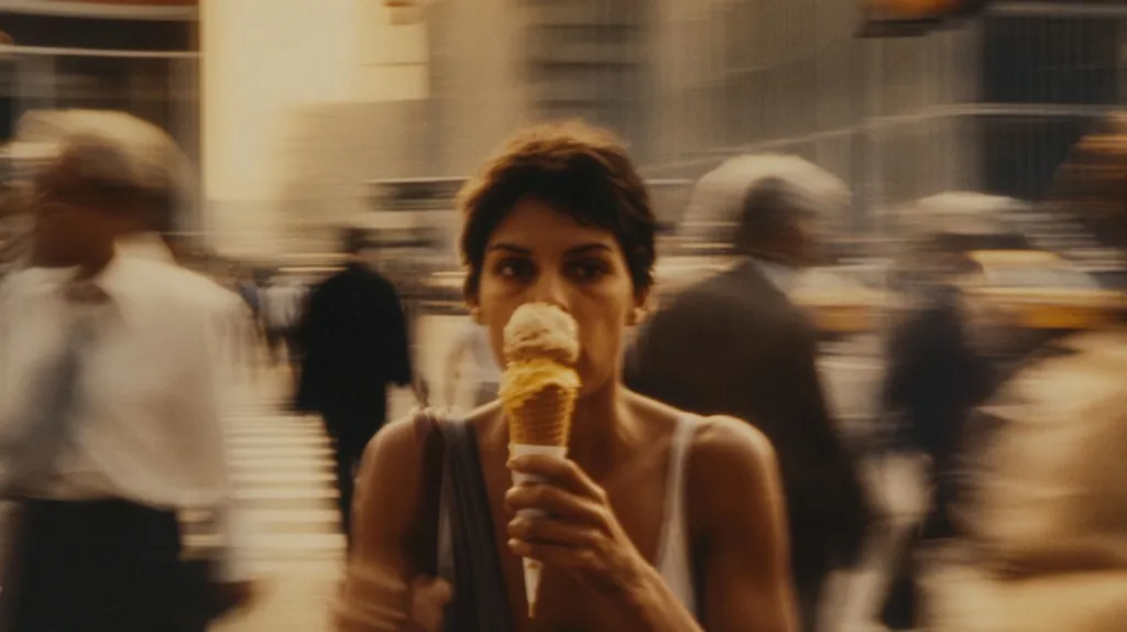 A woman with short, dark hair stands in the middle of a busy city street, enjoying an ice cream cone.  The background is a blur of motion, emphasizing the woman and her treat.  The image conveys a sense of urban energy and a fleeting moment of personal indulgence amidst the chaos.  The overall tone is warm and slightly nostalgic.
