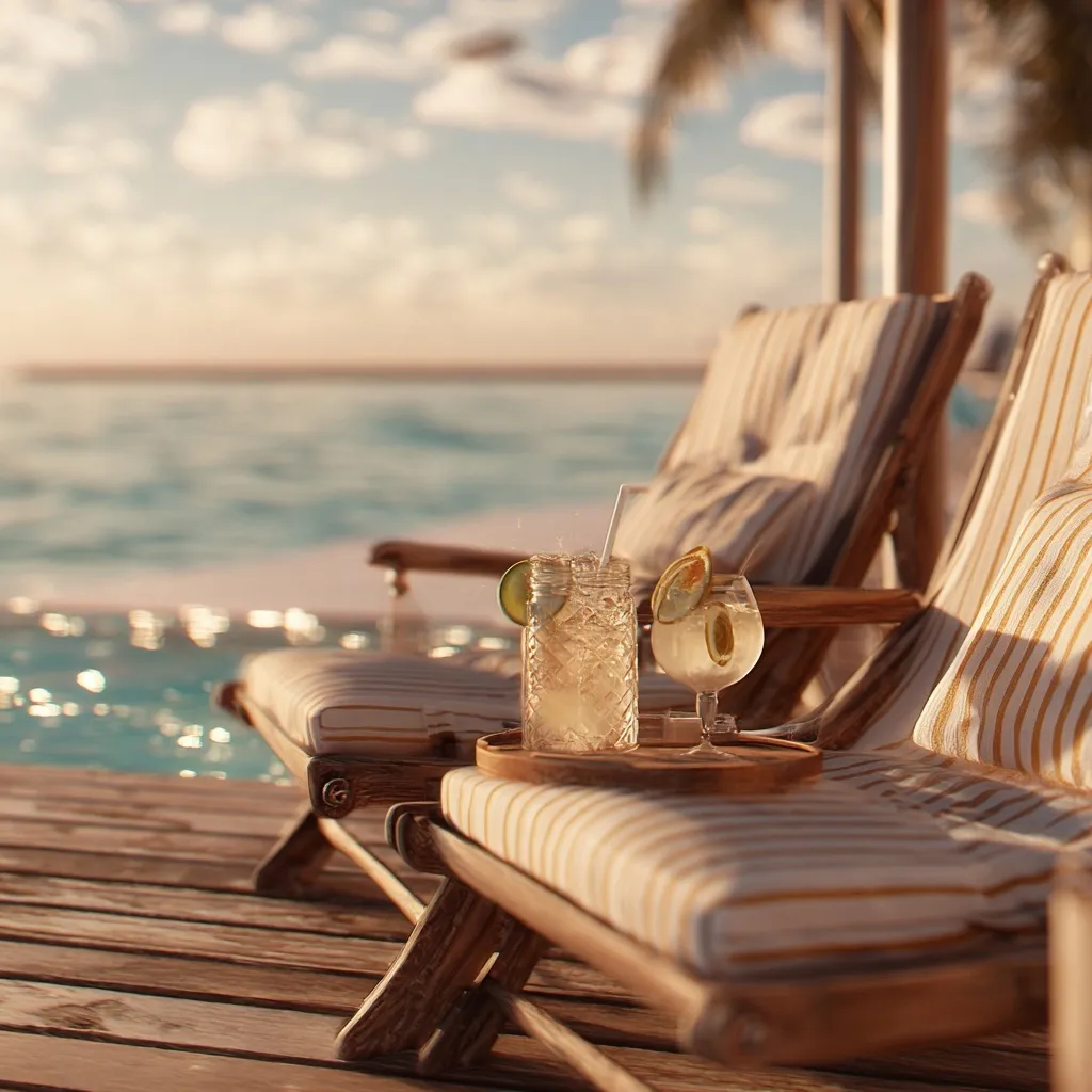 Two refreshing cocktails, garnished with lime, rest on a wooden tray between two striped lounge chairs.  The idyllic scene overlooks a tranquil ocean under a soft sunset sky.  The wooden deck and luxurious chairs create a relaxed, tropical ambiance, perfect for a peaceful evening by the water.