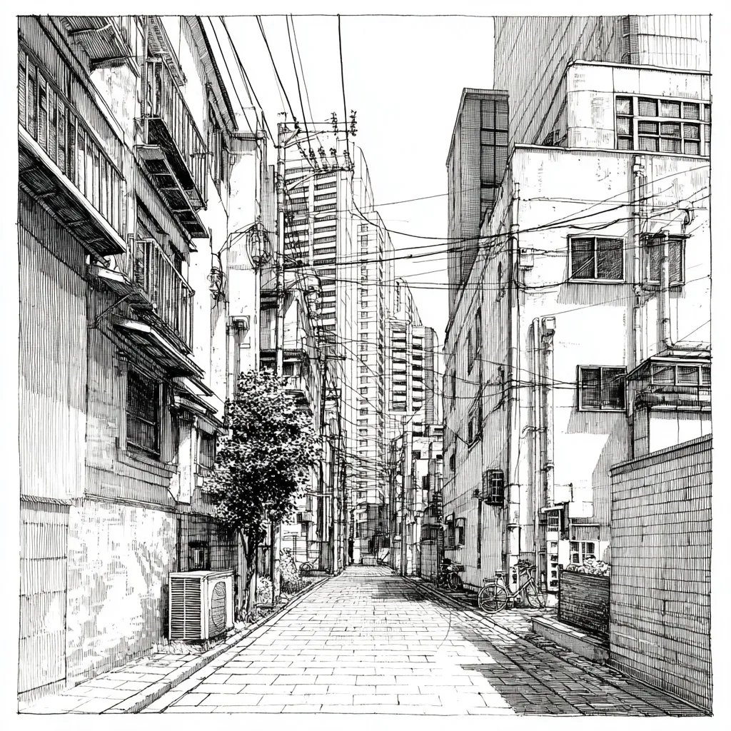 A detailed pen and ink drawing depicts a narrow alleyway in a densely packed city.  Tall buildings line both sides, their intricate details meticulously rendered.  Overhead wires crisscross the sky, adding to the urban texture.  A small tree provides a touch of nature amidst the concrete, and a bicycle is parked near a low wall. The perspective creates a sense of depth, leading the eye down the alley toward taller structures in the distance. The style is precise and evocative of a city scene.