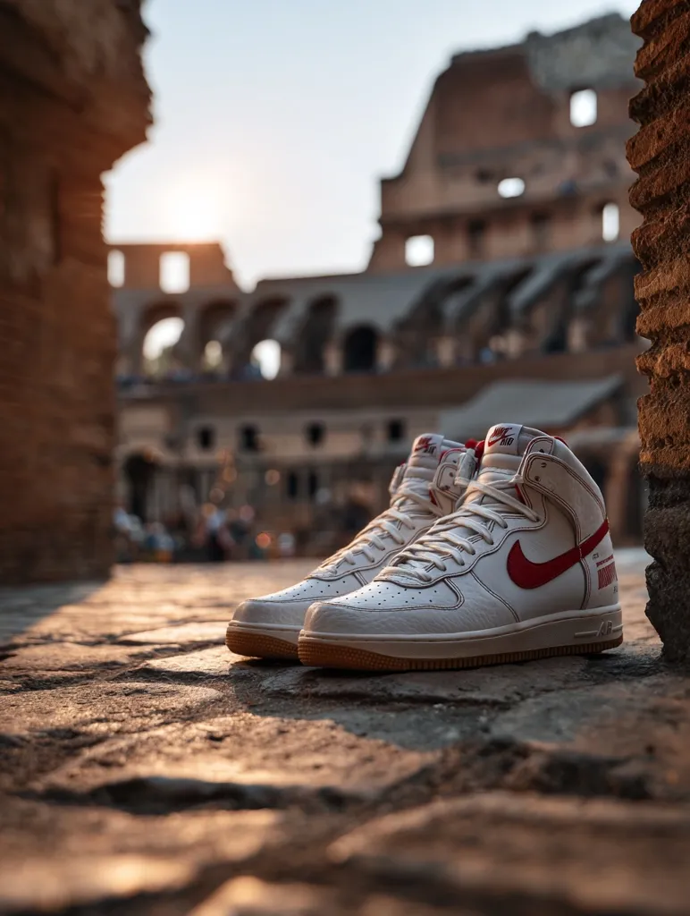 A pair of off-white Nike Air Force 1 high-top sneakers with red accents rests on a cobblestone street.  The background is softly blurred, showcasing the majestic ruins of the Colosseum in Rome, bathed in the warm glow of the setting sun. The scene evokes a sense of history and modern style juxtaposed.