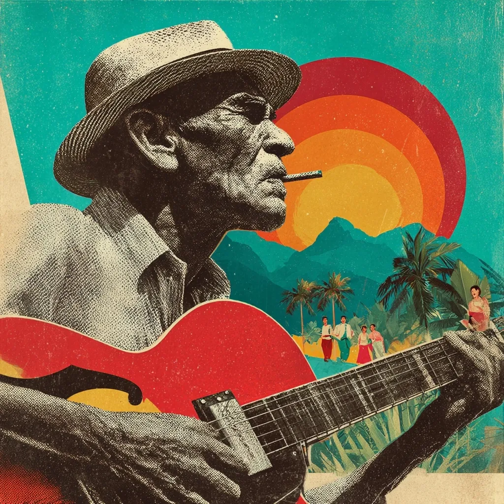 A stylized portrait of an elderly man, wearing a straw hat, playing a red hollow-body guitar.  He holds a cigarette, his profile presented against a vibrant background featuring a tropical sunset, palm trees, and a group of people in the distance. The image uses a collage-like aesthetic, with contrasting textures and a retro color palette.  The overall mood is one of nostalgic warmth and musical passion.