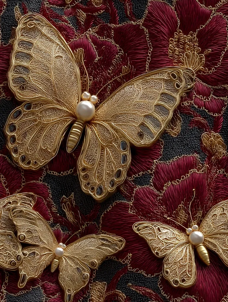 Intricate gold butterflies, adorned with pearls, are embroidered onto a rich, dark fabric.  The background features meticulously crafted crimson floral designs, creating a luxurious and ornate textile. The butterflies' delicate wings and the flowers' detailed stitching showcase exceptional craftsmanship. The overall effect is one of opulence and refined artistry.