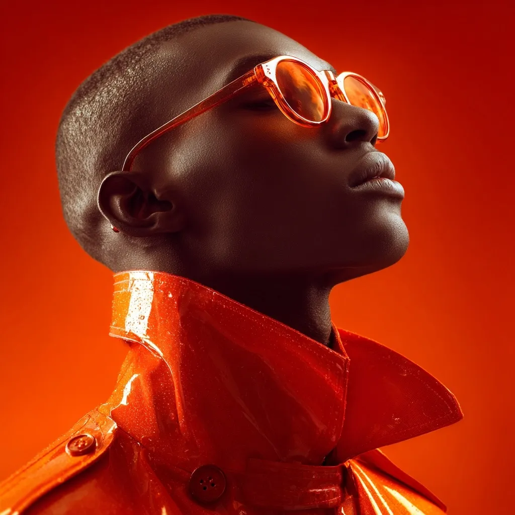 Close-up profile of a dark-skinned male model wearing vibrant orange, glossy raincoat and matching amber-tinted sunglasses. His head is tilted back, eyes closed, suggesting serenity or contemplation against a bold orange backdrop.  The image is sharply focused, highlighting the texture of the coat and the reflective quality of the sunglasses. The overall aesthetic is one of bold color and stylish minimalism.