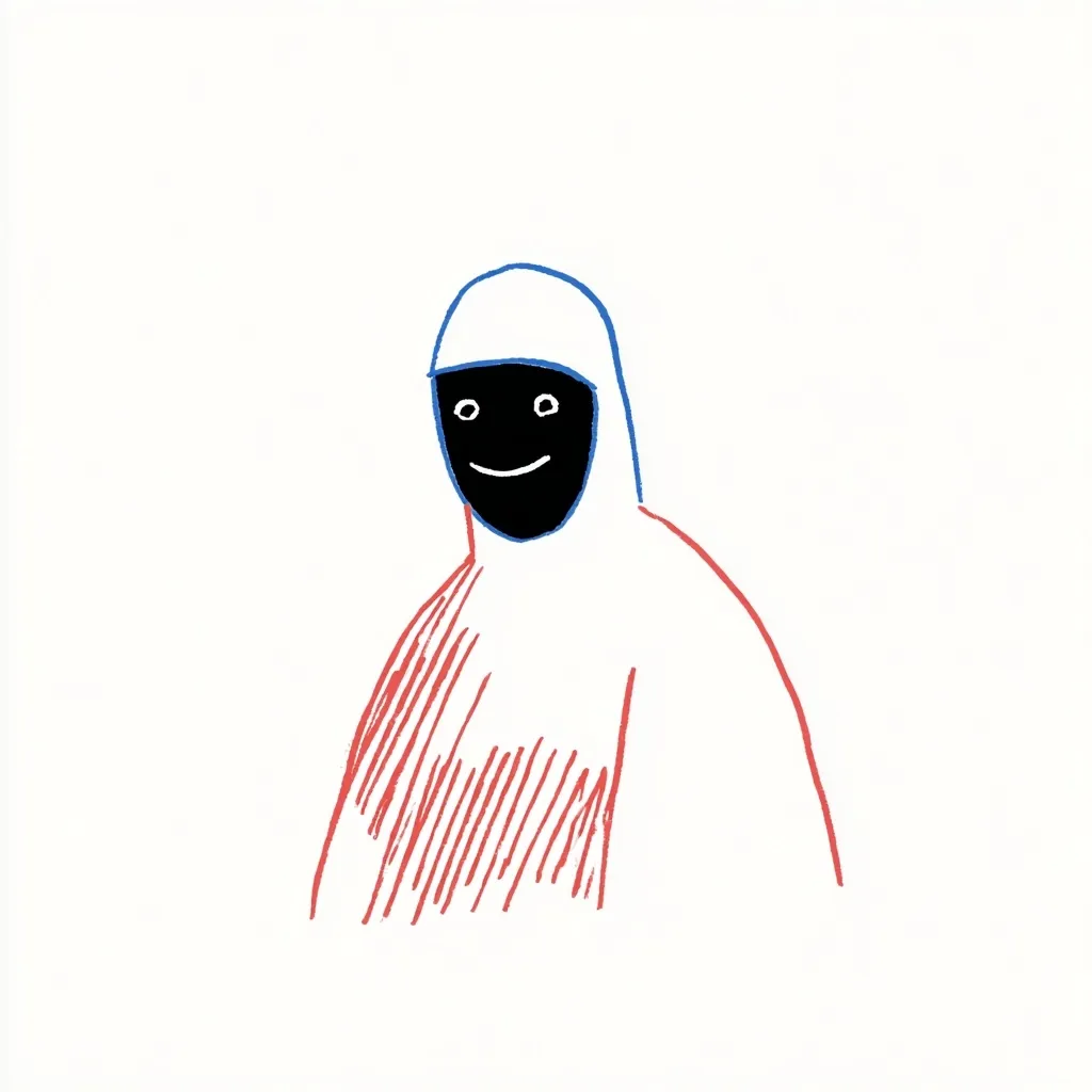 A minimalist drawing depicts a figure cloaked in a red and white robe with a blue-outlined hood. The face is a solid black with a simple, smiling expression.  The lines are childlike and expressive, suggesting a playful or whimsical tone. The overall style is simplistic yet evocative.