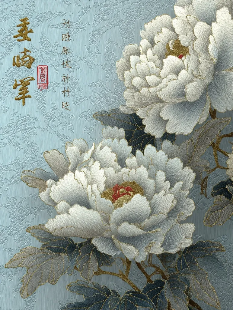 Intricate embroidery depicting two elegant, pale grey peonies in full bloom.  The flowers are meticulously detailed, with each petal individually stitched.  Delicate grey-green leaves frame the blossoms against a textured, light blue background.  Vertical Chinese characters are visible to the left, likely describing the artwork. The overall style is refined and suggests traditional Chinese artistry.