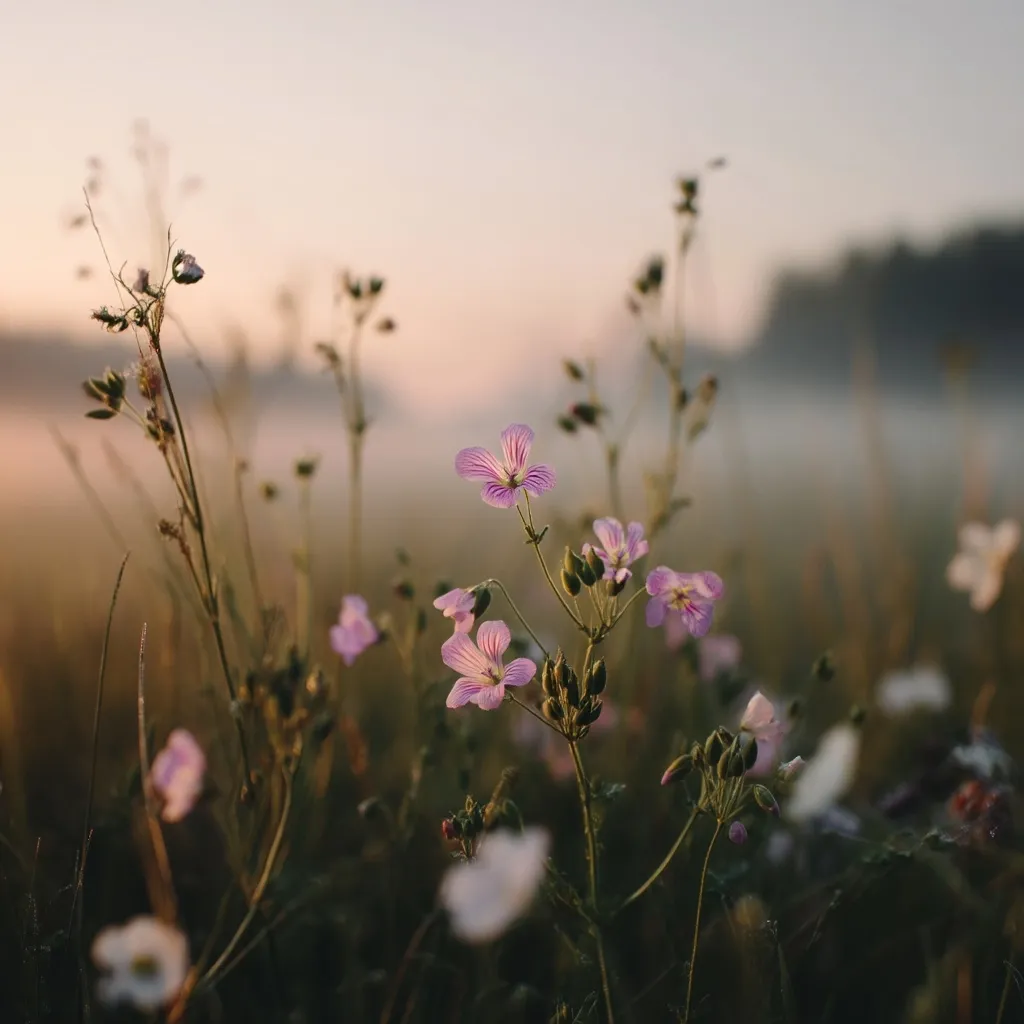 Delicate pink wildflowers bloom in a misty field at sunrise.  Soft, warm light bathes the scene, creating a serene and peaceful atmosphere.  The flowers stand tall against a blurred background of grasses and distant trees shrouded in morning fog. The overall impression is one of tranquility and natural beauty.