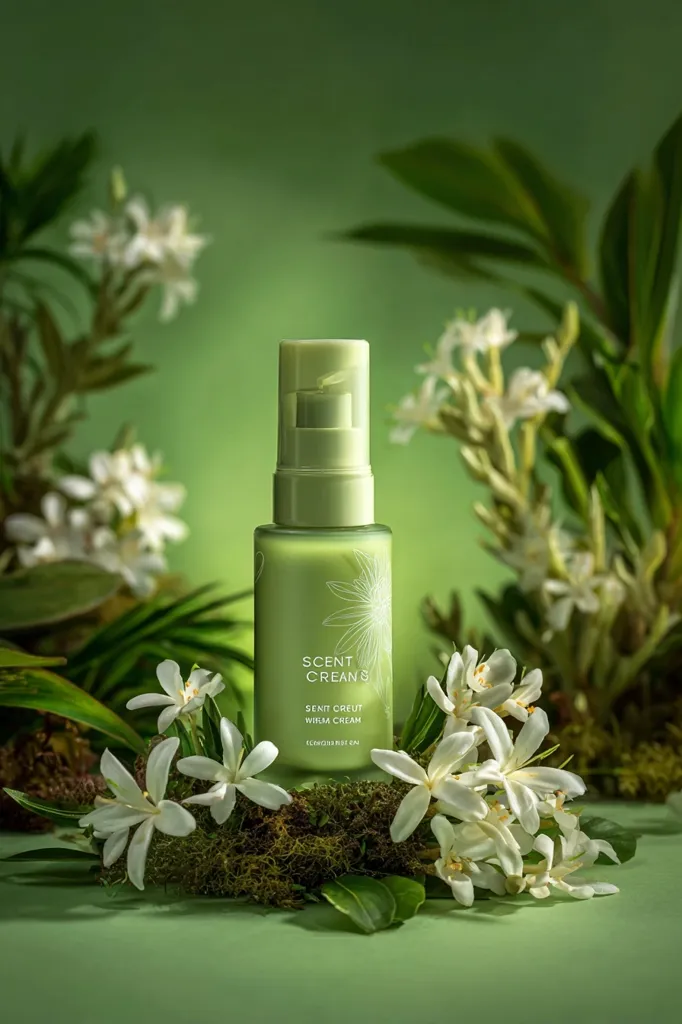 A bottle of Scent Crean's Senit Creut Whirl Cream is displayed against a backdrop of lush green foliage and delicate white flowers.  The bottle is light green, mirroring the natural setting. The product name is clearly visible on the label, suggesting a skincare or beauty product with a natural, fragrant essence.  The overall aesthetic is calming and luxurious.