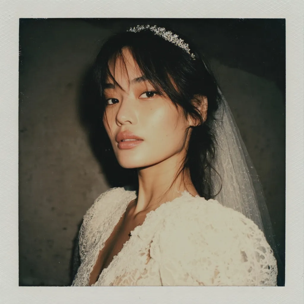 A young woman with dark hair and bangs wears a delicate, jeweled tiara and a sheer veil.  She's dressed in a lacy, off-white, long-sleeved gown with puffed shoulders. The image has a vintage, slightly grainy quality, giving it a nostalgic feel. Her expression is serene and slightly pensive. The background is dark and blurred, drawing focus to her.