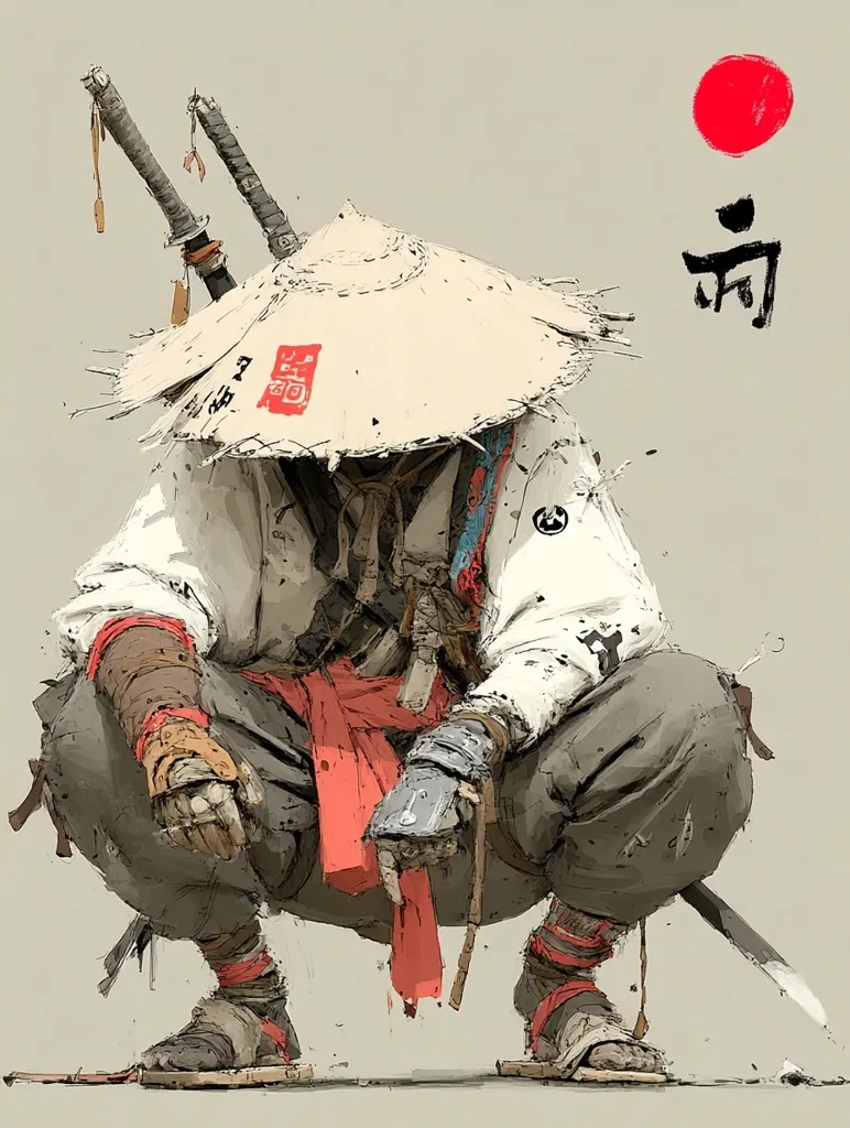 A stylized illustration depicts a crouching warrior, possibly a ninja or ronin.  He wears a weathered conical hat, a white robe, dark trousers, and traditional sandals.  Two swords are strapped to his back. The artwork features a muted color palette and a distinct painterly texture.  A red circle and stylized kanji characters are in the background, adding to the artistic composition's Eastern aesthetic.