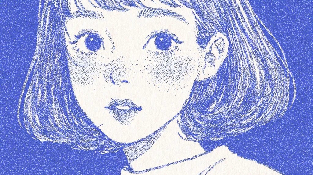 A pointillist-style portrait depicts a young woman with short, bobbed hair.  The image uses tiny blue dots on a white background to create the picture, giving a textured, almost stippled effect.  Her expression is soft and slightly pensive, with large eyes and a gentle mouth.  The overall style is delicate and slightly dreamy.