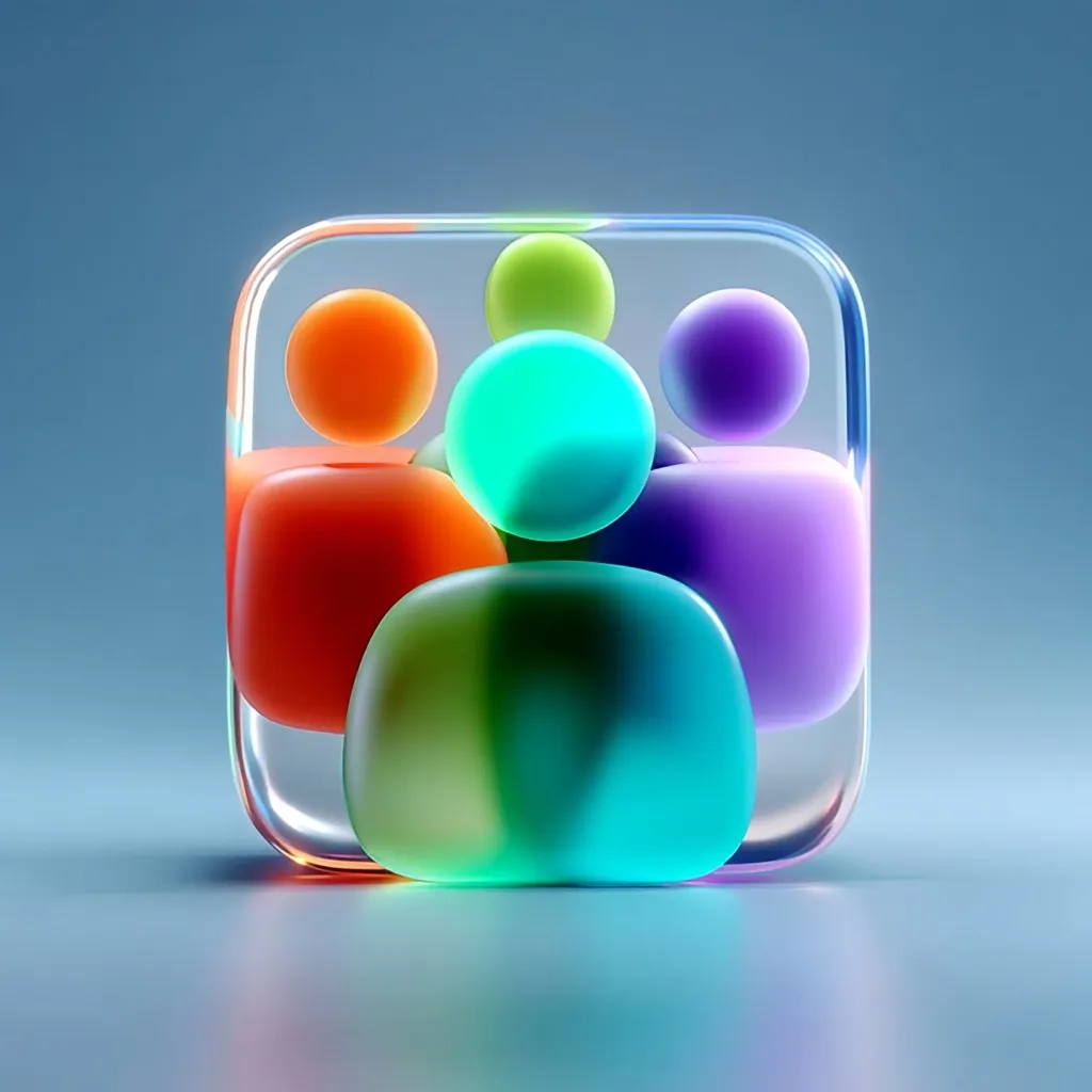 A transparent, square-shaped container holds several vibrant, translucent shapes resembling stylized people.  The figures are multicolored, with hues of orange, green, purple, and teal, creating a sense of community or teamwork. The glossy surface and soft lighting enhance the image's sleek, modern aesthetic. The overall design suggests a digital icon or logo representing a group.