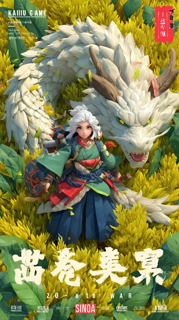 A female anime character, dressed in a vibrant green and red kimono, stands beside a large, white dragon amidst a field of yellow flowers.  The artwork is styled in a painterly fashion with a focus on texture and detail.  The title "20 - otn WAR" is prominently displayed below, suggesting a game or story setting.  The overall aesthetic is fantastical and evocative of East Asian mythology.