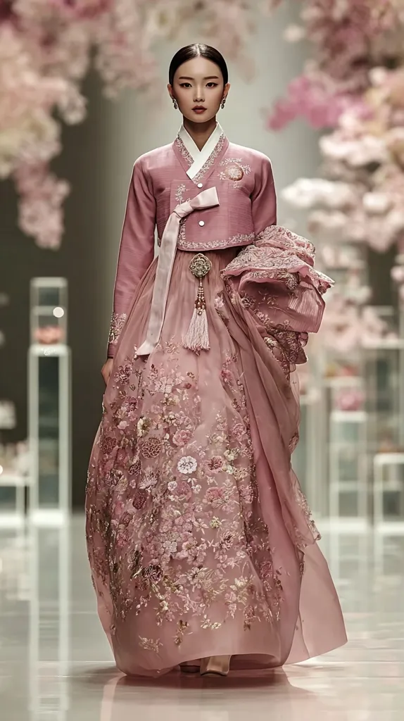 A model gracefully showcases a stunning rose-pink Hanbok, a traditional Korean dress.  The exquisite ensemble features intricate floral embroidery across a flowing, sheer skirt and a fitted, embroidered top.  The delicate details and soft color palette create a breathtaking and elegant look, perfect for a formal occasion or high-fashion runway. The model's poised posture completes the sophisticated presentation.