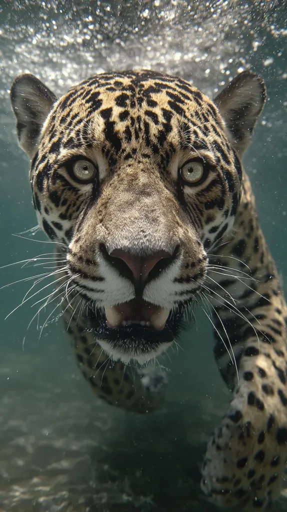 A close-up underwater shot of a jaguar.  Its spotted coat is visible, as are its piercing green eyes. The jaguar is partially submerged, its head and forepaws in the frame. Bubbles surround it, creating a sense of movement and dynamism within the murky water.  The overall image conveys a sense of power and grace.