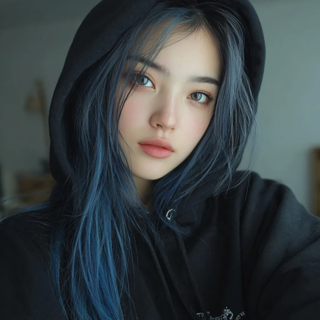 A young woman with long, blue-teal hair gazes directly at the camera.  Her hair falls loosely around her shoulders, partially obscuring her face.  She wears a dark-colored hoodie, the hood pulled up around her head.  The image is close-up and features soft lighting, emphasizing her delicate features and subtle makeup. Her expression is serious and calm.