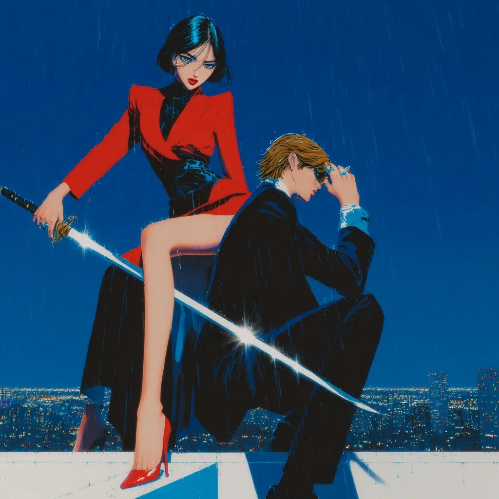 A stylized illustration depicts a woman in a red suit, wielding a katana, perched atop a man in a dark suit.  Rain falls against a backdrop of a glittering cityscape at night. The woman's red shoes and the man's contemplative pose create a dramatic, film noir-esque scene.  The vibrant colors and sharp lines enhance the image's dynamic energy.
