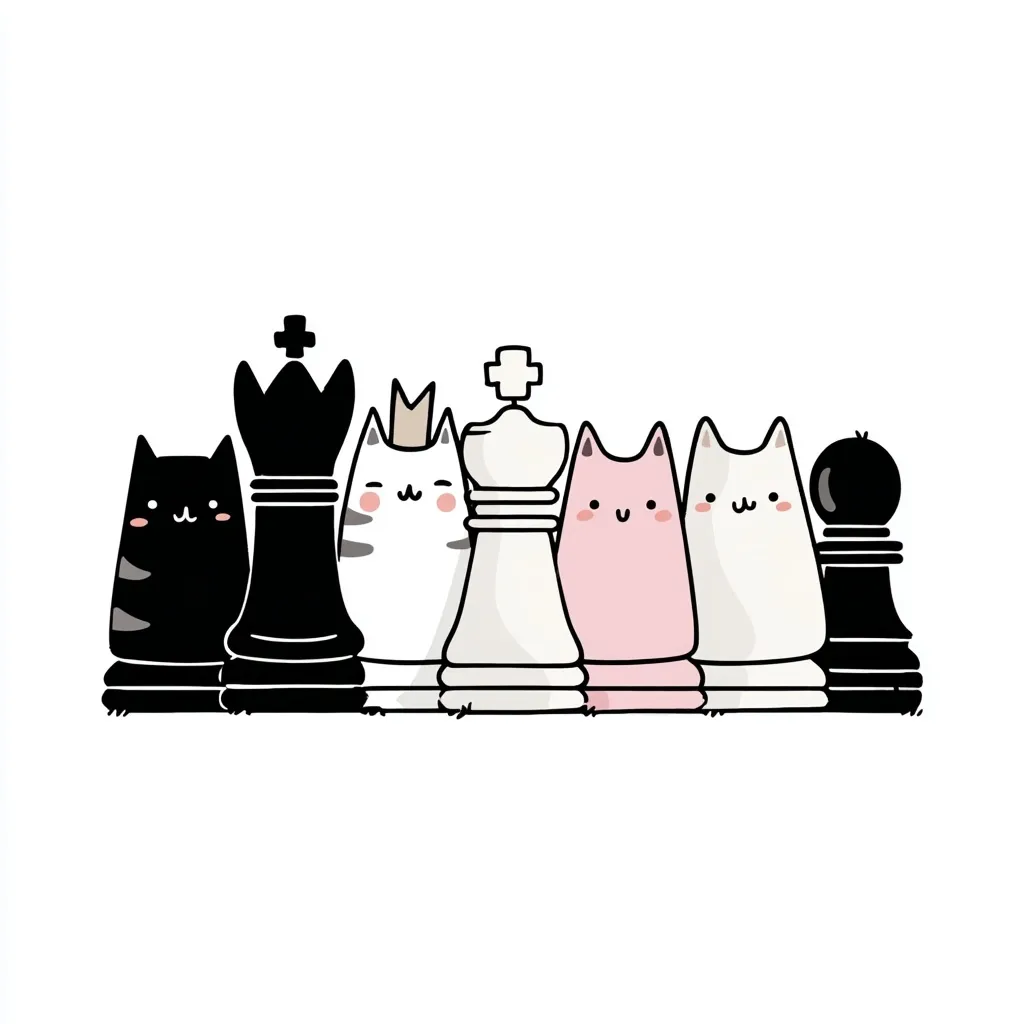 An illustration shows six cute cartoon cats arranged like chess pieces on a chessboard.  There are black and white cats as rooks, pawns, and a queen, and pink and white cats as bishops.  The style is minimalist and playful, with simple lines and adorable cat faces.  The cats are the focal point of the image, positioned against a plain white background.