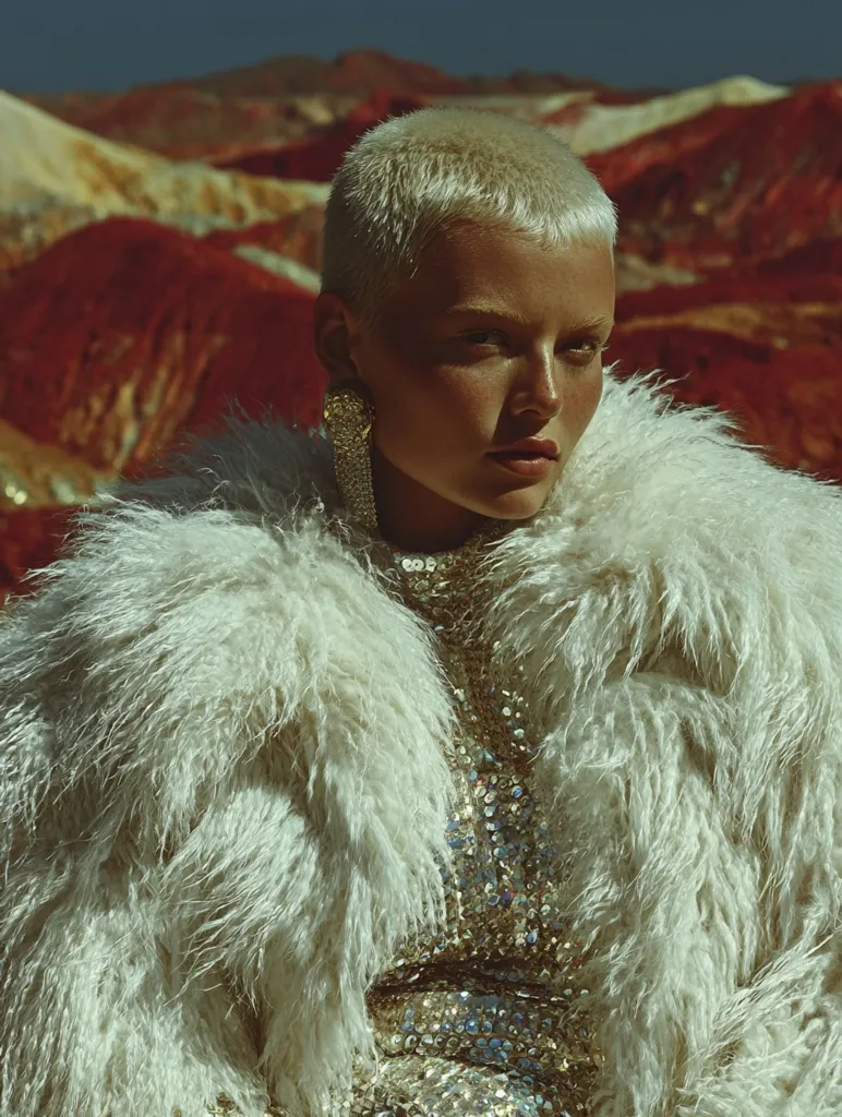 A fashion model with a short, blonde buzz cut wears a voluminous, off-white fur coat over a sparkling gold sequined dress.  She sports long, dangling earrings. The backdrop is a dramatic landscape of red and ochre colored hills under a bright sky. The image has a moody, high-fashion feel.