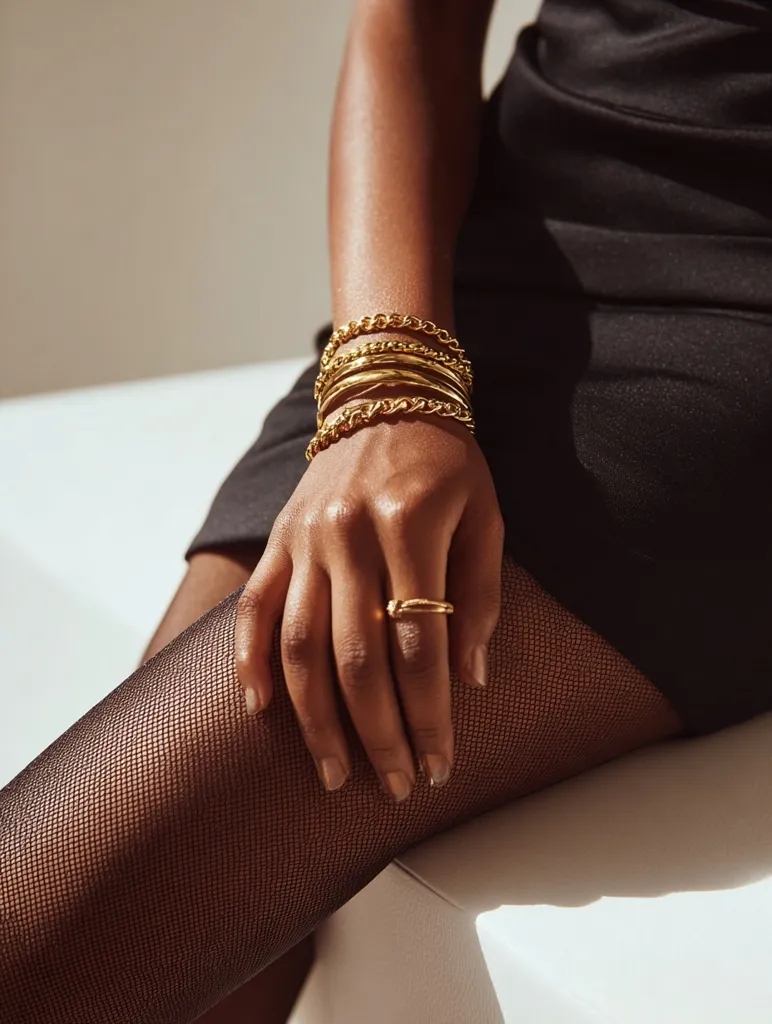 Close-up of a woman's arm and leg, showcasing several gold bangles stacked on her wrist and a gold ring on her ring finger. She's wearing black fishnet stockings and a black dress.  The image is softly lit, highlighting the gold jewelry against her dark skin.  The overall aesthetic is chic and minimalist.