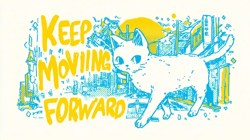 A stylized illustration features a white cat running through a city scene.  The cat is drawn in teal and white, set against a background of yellow and teal buildings and street elements.  The words "KEEP MOVING FORWARD" are prominently displayed in yellow, providing a motivational message. The overall style is reminiscent of graphic novels or street art.