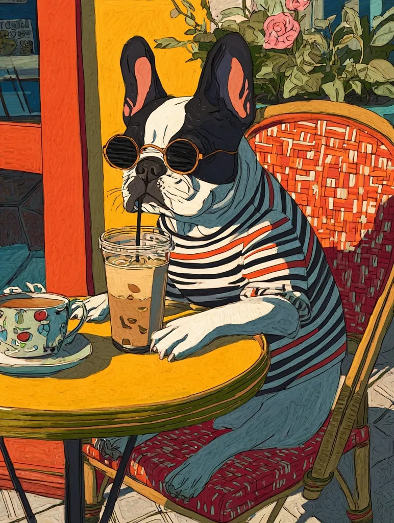 A stylish French bulldog, wearing sunglasses and a striped shirt, sits at a Parisian cafe table.  It enjoys an iced coffee through a straw, while a teacup sits on the table beside it.  The scene is rendered in a vibrant, painterly style, with warm colors and sunlit details.  The dog's relaxed posture and cool accessories create a charming and sophisticated atmosphere.