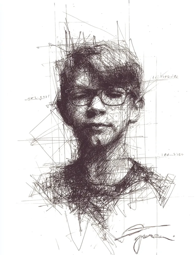 A detailed pen-and-ink sketch depicts a young person with short hair and glasses. The style is expressive and chaotic, with numerous short, intersecting lines creating a sense of texture and depth.  The subject's face is rendered with precision despite the seemingly random lines, suggesting a skillful hand.  Grid-like underdrawings are visible, hinting at a constructive approach.  The artist's signature is subtly placed at the bottom.