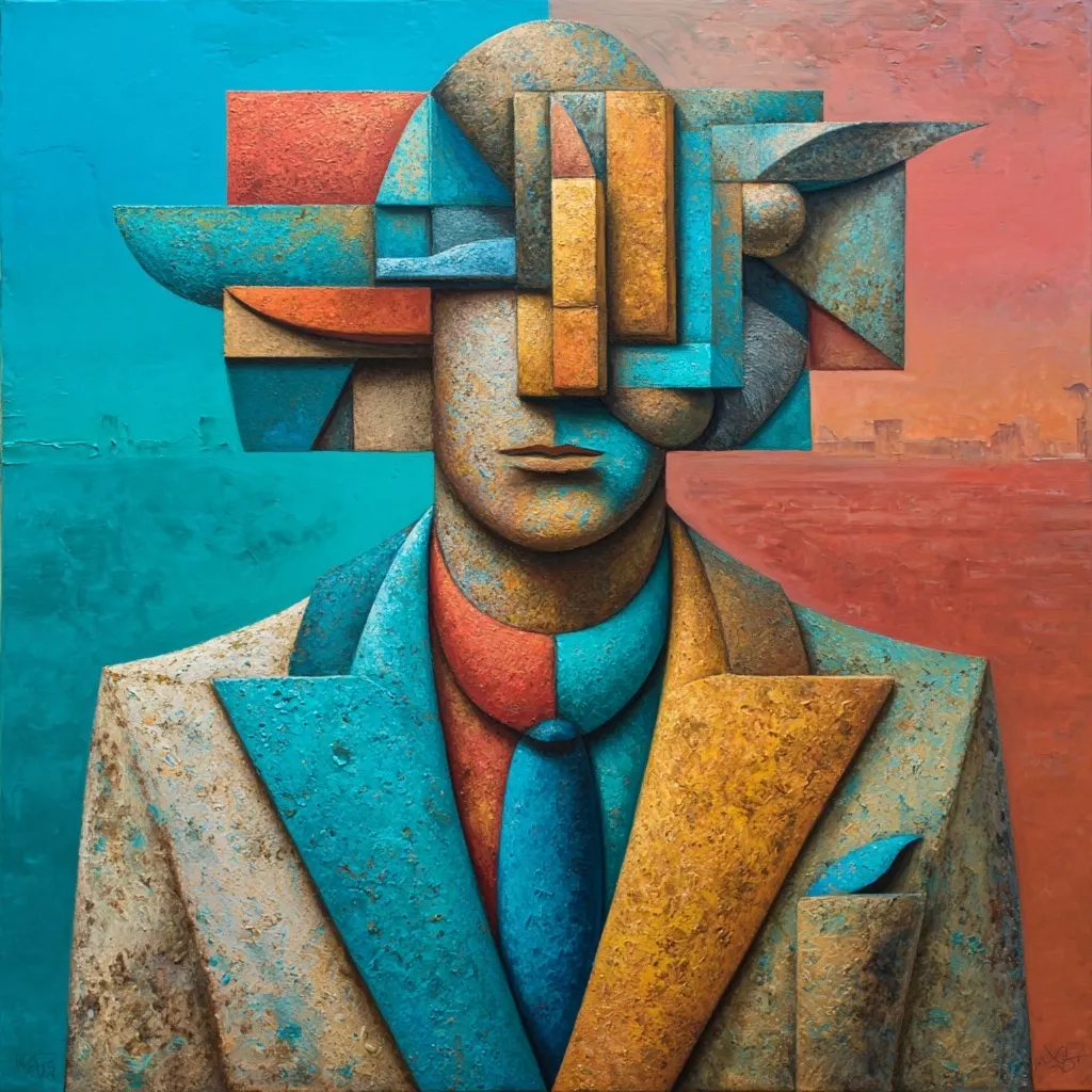 A cubist-style portrait depicts a man in a suit. His face is fragmented into geometric shapes in shades of teal, orange, and gold, contrasting with the textured, earthy tones of his clothing. The background is a split landscape, one side a vibrant turquoise, the other a warm, reddish-brown.  The overall effect is one of both structure and disintegration, suggesting a complex inner life.