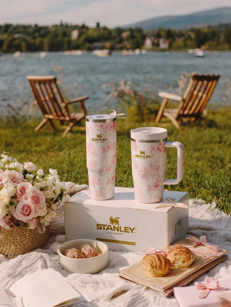 A picturesque picnic scene unfolds by a lake. Two wooden chairs flank a blanket where a Stanley gift box sits, containing a floral-patterned tumbler and mug.  Pink roses, pastries, and a small bowl add to the charming ambiance. The idyllic setting suggests a relaxing outdoor experience with high-quality, stylish drinkware.