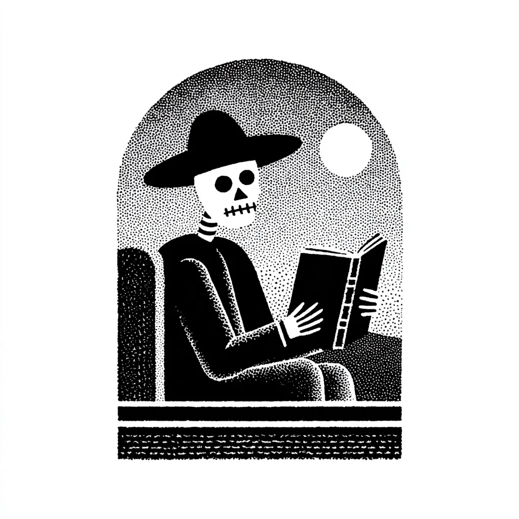 A stippled illustration depicts a skeleton wearing a wide-brimmed hat, seated in an armchair, engrossed in reading a book.  The scene is set within an arched frame, under a night sky speckled with dots suggesting stars, and a bright moon. The style is reminiscent of vintage printmaking, with stark black and white contrast creating a dramatic effect. The overall mood is somber yet peaceful.