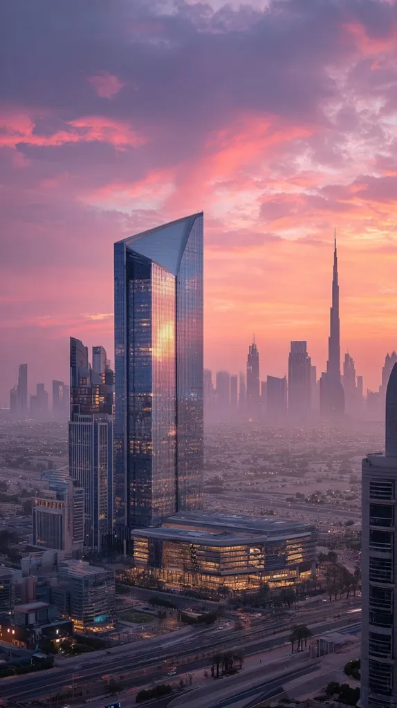 A stunning sunset casts a warm pink and purple glow over the Dubai skyline.  A modern, angular skyscraper dominates the foreground, its glass facade reflecting the vibrant sky.  The Burj Khalifa is visible in the distance, adding to the breathtaking cityscape.  The image captures the city's dynamic energy against a picturesque backdrop of twilight hues.  Surrounding buildings and roadways complete the urban panorama.