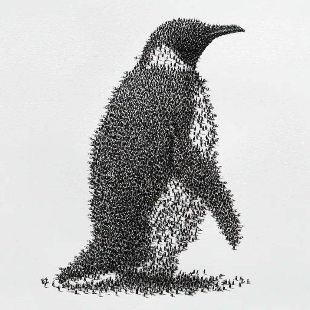 A large penguin is depicted, formed entirely from numerous tiny figures of people.  The people are densely packed, creating the illusion of a massive, monochromatic bird. A few smaller figures are seen at the base, emphasizing the scale of the penguin. The overall effect is both striking and surreal.