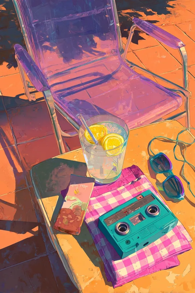 A vibrant summer scene unfolds: a translucent purple chair casts shadows on a terracotta patio.  On a small side table, a glass of lemon water sits beside a pink and white checkered towel.  A teal cassette tape and sunglasses rest on the towel, accompanied by a package of what appears to be chocolate.  The overall style is reminiscent of anime or digital painting, with bold colors and sun-drenched hues.