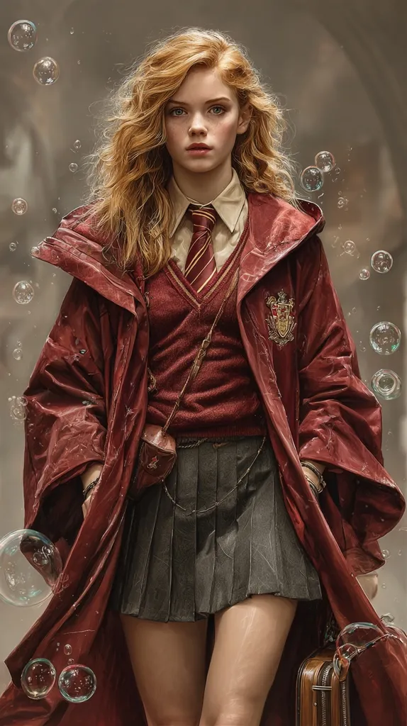 A young woman with long, curly auburn hair stands confidently, dressed in a Gryffindor-inspired uniform.  She wears a maroon robe over a matching sweater vest and pleated skirt, accented by a gold and maroon tie.  A small satchel hangs from her shoulder.  Surrounding her are floating soap bubbles, adding a whimsical touch to the image.  She carries a vintage-style suitcase. The overall impression is one of magical charm and youthful energy.