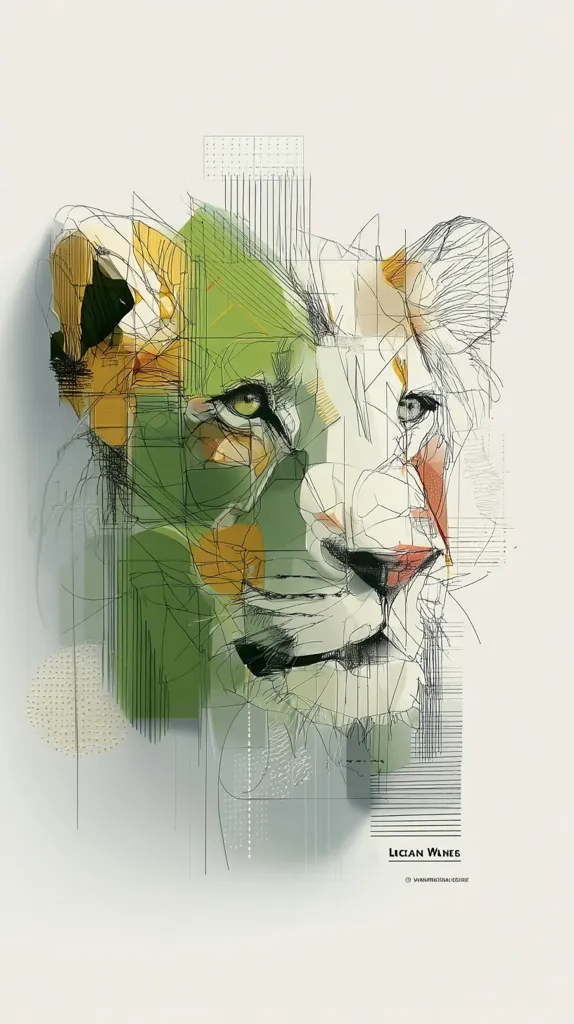 An abstract portrait of a lion's head is depicted.  Geometric shapes and lines are layered over a sketched rendering of the lion, creating a fragmented yet cohesive image.  Muted greens, oranges, and whites dominate the color palette.  The artist's name, Lucian Wlneg, is subtly placed at the bottom. The style blends realism with geometric abstraction.