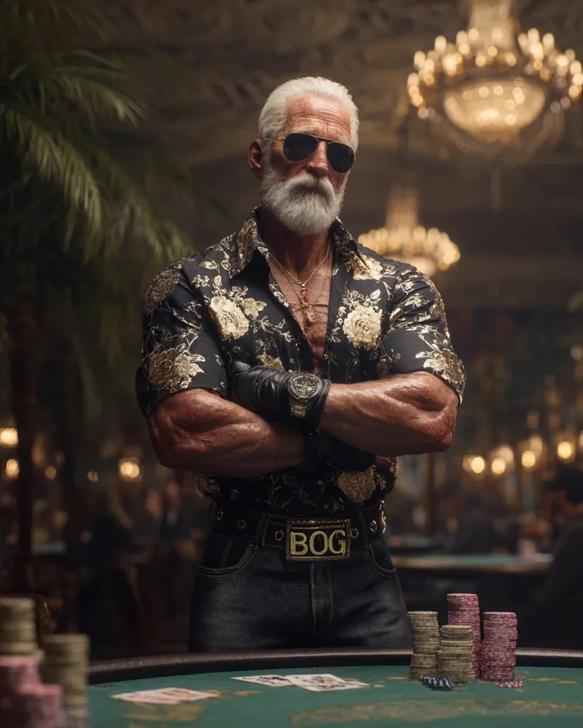 A muscular, older man with a long white beard and sunglasses stands at a poker table. He's dressed in a black floral shirt, dark jeans, and a large gold belt buckle that reads "BOG."  His arms are crossed, displaying his impressive physique. The background shows a dimly lit, opulent casino setting with other players visible in the distance.  The image has a stylized, almost cinematic quality.