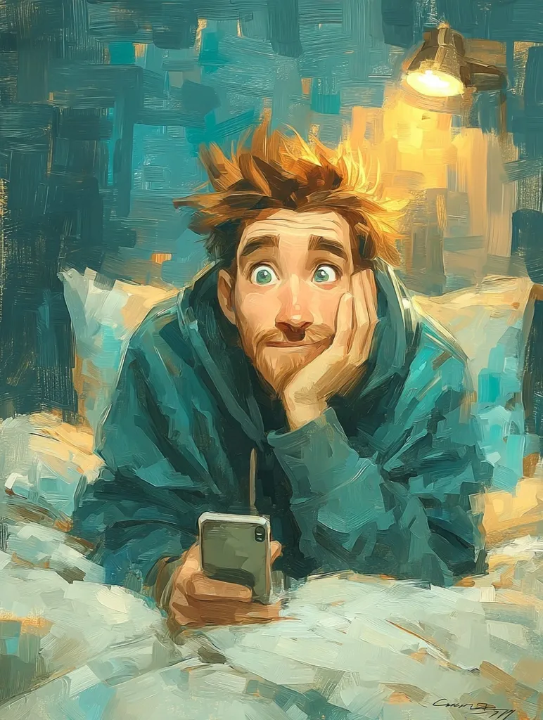 A stylized painting depicts a man lying in bed, his head propped up by his hand.  He has tousled brown hair and wide, expressive eyes.  He holds a smartphone, gazing upward towards a nearby lamp, creating a warm, inviting glow. The painting's style is impressionistic, with visible brushstrokes, emphasizing the mood and emotion of the scene.  The color palette is predominantly teal and muted yellows, contributing to a feeling of calm introspection.