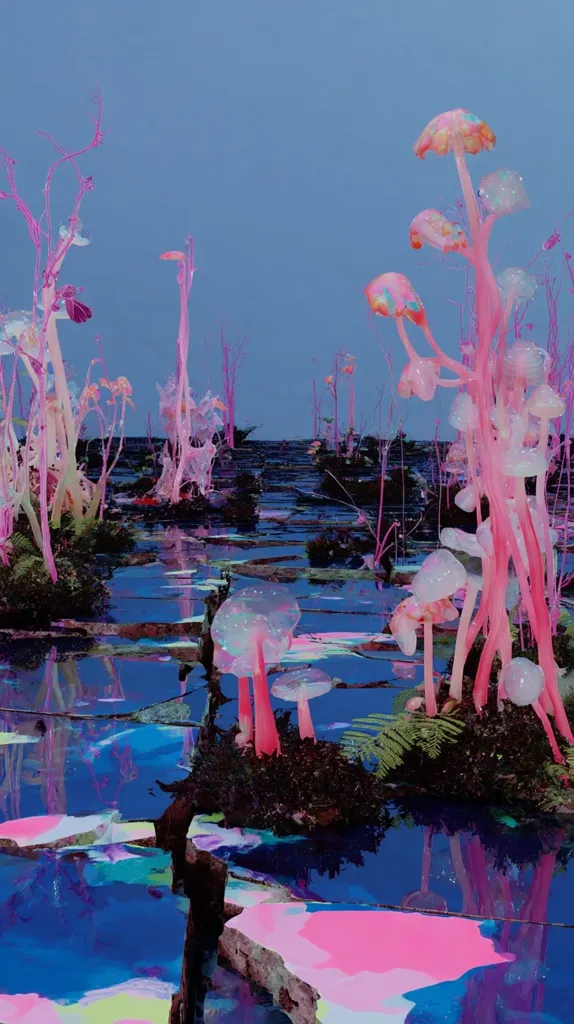 Surreal landscape featuring vibrant pink and translucent fungi sprouting from a cracked, reflective surface.  The water reflects the otherworldly flora, creating a mirrored effect. The background is a soft blue, enhancing the luminescent quality of the scene.  The overall aesthetic is dreamlike and otherworldly, evoking a sense of fantasy.