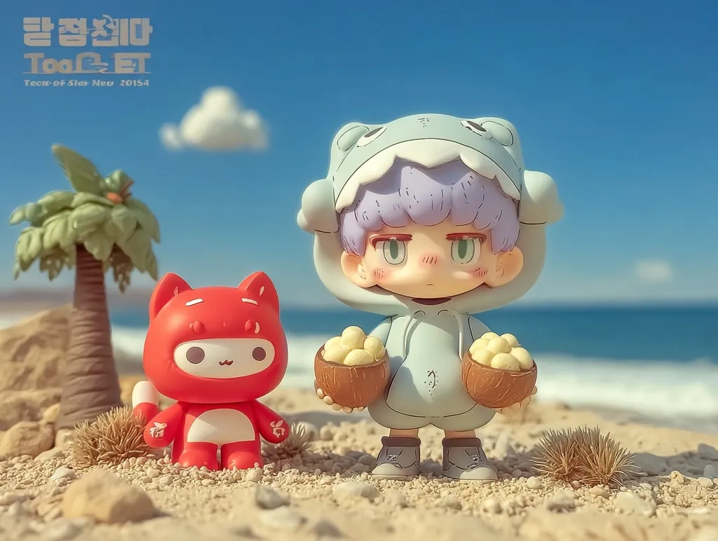 Two adorable chibi figurines enjoy a beach day.  A red cat-like character stands beside a figure in a light blue shark onesie, holding two coconuts filled with small yellow objects.  A palm tree and ocean provide a tropical backdrop. The scene is charming and whimsical, evocative of a children's story or animation.  The overall style is cute and stylized.