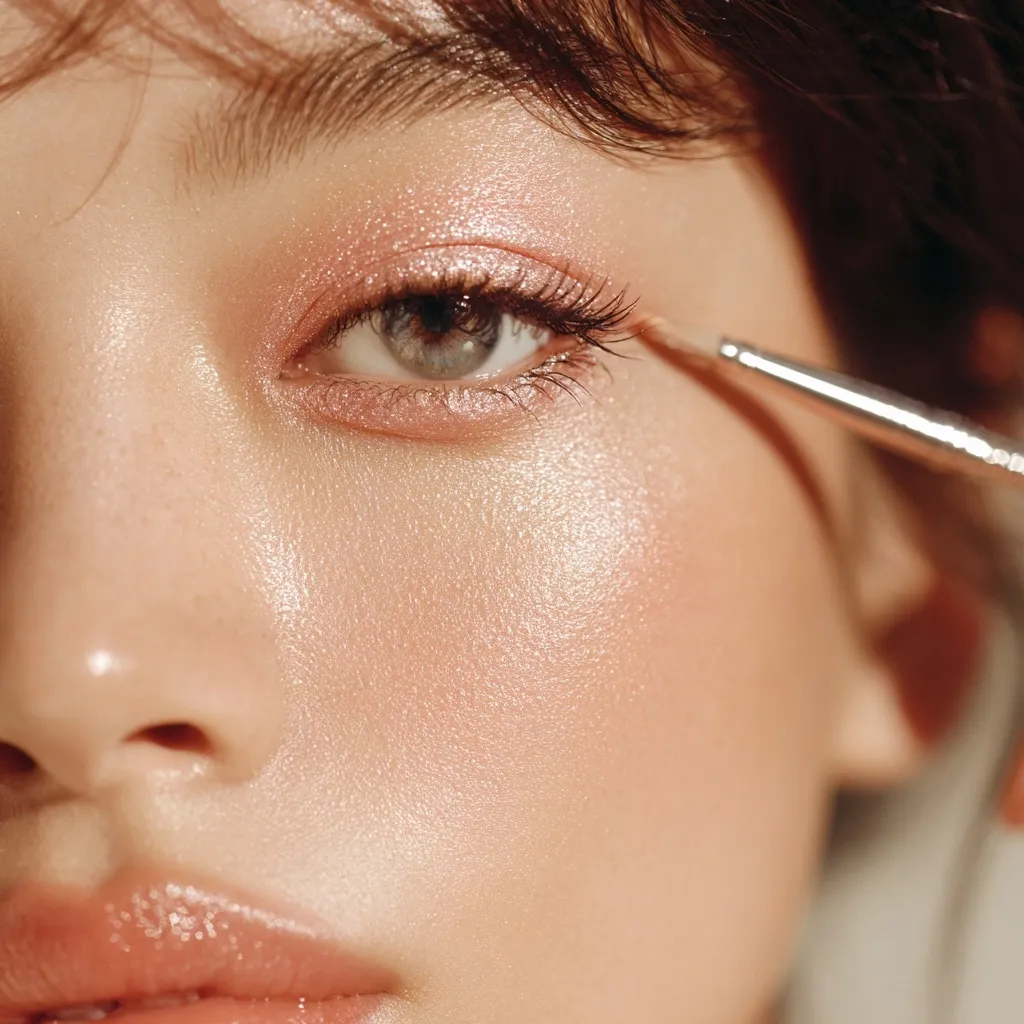 Close-up of a woman's eye with a makeup brush applying shimmery, light pink eyeshadow.  The skin is smooth and glowing with a natural, dewy finish. The focus is sharp on the eye and surrounding area, highlighting the delicate application of makeup.  Soft lighting creates a warm, radiant effect.