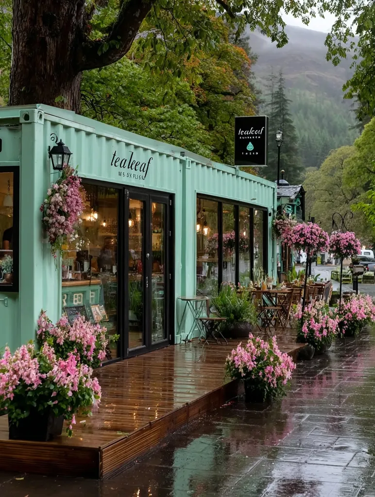 A charming teal-colored tea shop, "Tealeaf," nestled amidst lush greenery, is captured on a rainy day.  The shop, housed in a repurposed shipping container, boasts a wooden deck adorned with vibrant pink flowers.  Outdoor seating invites customers to enjoy tea and the scenic mountain backdrop, creating a tranquil atmosphere.  The wet pavement reflects the surrounding beauty, enhancing the picturesque setting.