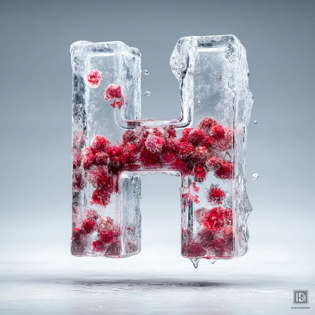 A letter "H" is frozen in a block of clear ice.  Red raspberries are encased within the ice, distributed throughout the letter's form.  The ice appears slightly melting, with small drips forming at the bottom. The image is set against a neutral gray background, providing a stark contrast to the vibrant red berries and translucent ice.