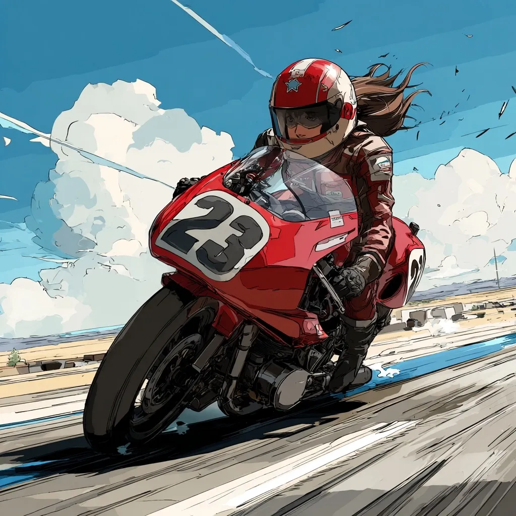 A dynamic illustration depicts a female motorcyclist, number 23, speeding along a race track.  Her red motorcycle leans into the turn, hair streaming behind her.  The artwork is stylized, with a comic-book feel, against a bright blue sky and fluffy clouds. The speed and energy of the scene are captured in the blurred lines and motion trails.  The overall impression is one of thrilling movement and power.