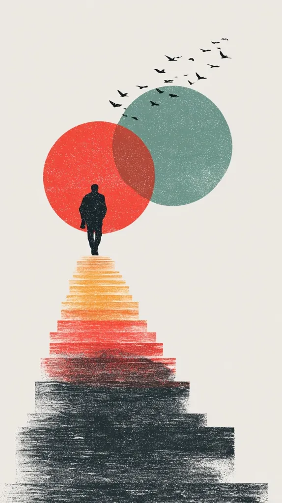 A minimalist illustration depicts a lone figure ascending a textured staircase towards two overlapping circles, one red and one teal, suggesting a sunrise or sunset.  A flock of birds flies overhead, adding to the sense of journey and aspiration. The overall style is modern and evocative, hinting at themes of progress, ambition, and reaching a goal. The textured brushstrokes give it a unique artistic feel.