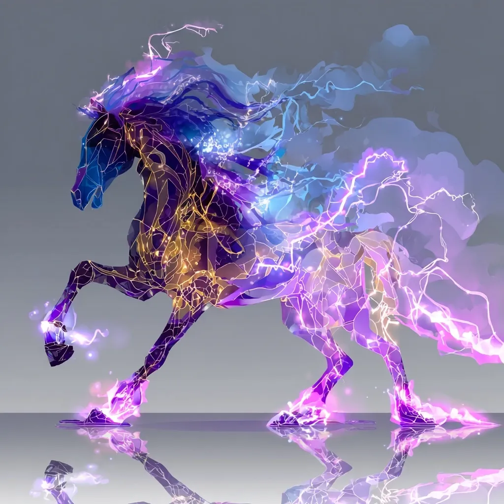 A stylized horse, rendered in vibrant purple, blue, and gold hues, appears to be composed of energy or lightning. Its flowing mane and tail mimic the movement of electricity.  The horse is depicted in mid-stride, dynamic and powerful, reflected in a polished surface below. The overall effect is ethereal and mystical.