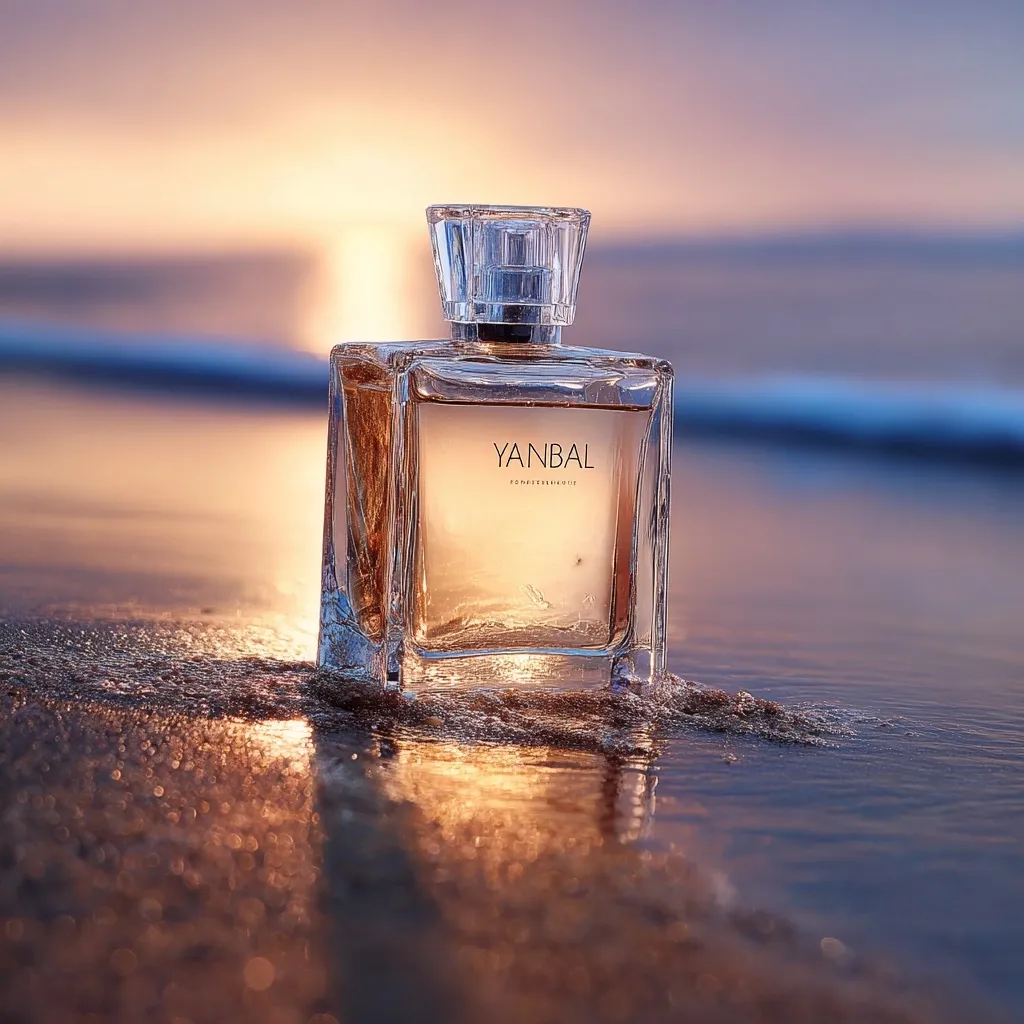 A Yanbal perfume bottle sits on a beach at sunset. The amber-colored perfume is encased in a clear, square-shaped glass bottle with a crystal-like top.  The setting sun casts a warm glow on the bottle and the wet sand, creating a serene and luxurious atmosphere.  The ocean waves gently lap the shore in the background.