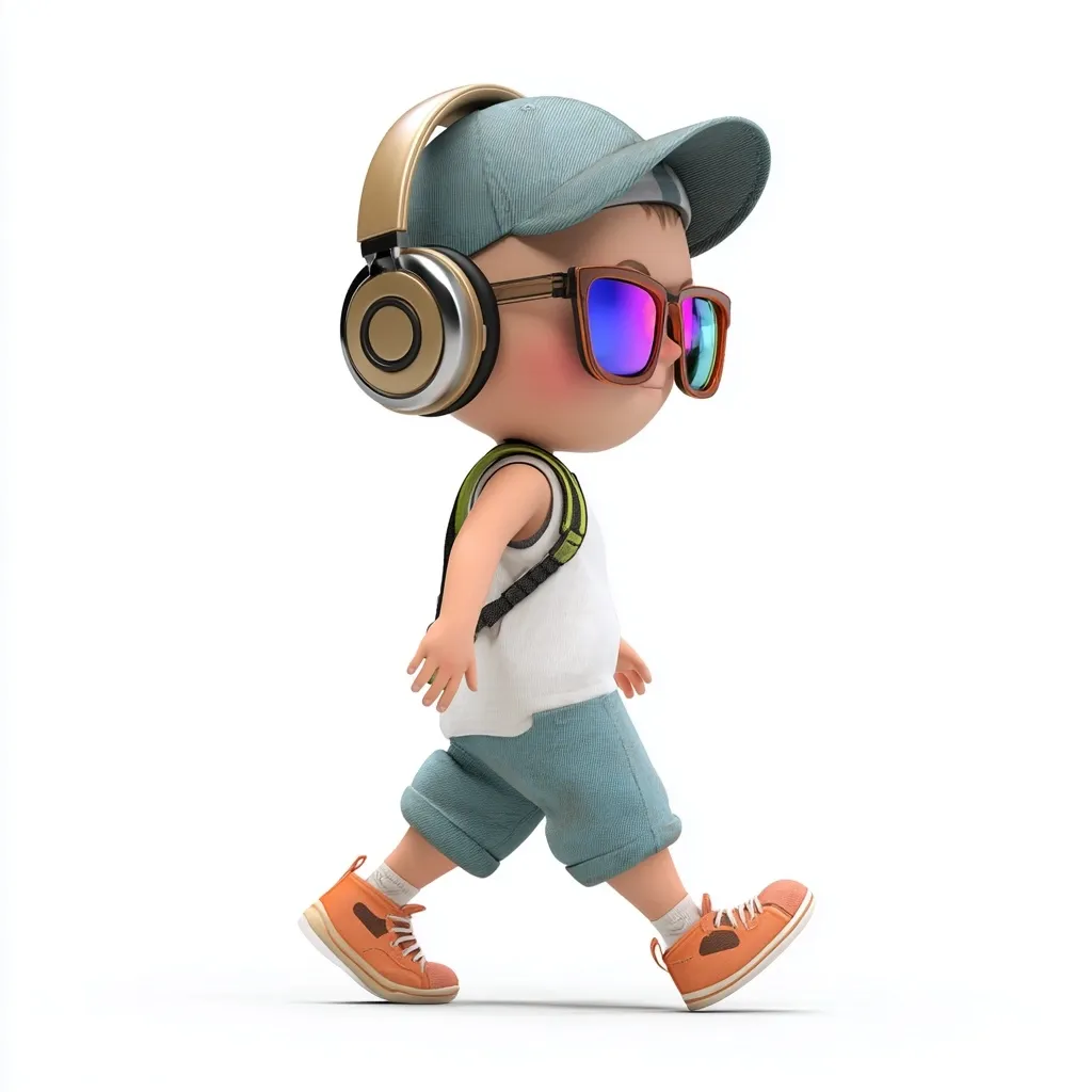 A 3D-rendered cartoon boy strides confidently, wearing oversized headphones, trendy sunglasses, a baseball cap, and a small backpack.  He's dressed in a casual summer outfit of shorts and a sleeveless top, his orange sneakers adding a pop of color.  The boy's expression is calm and cool, conveying a sense of carefree movement.