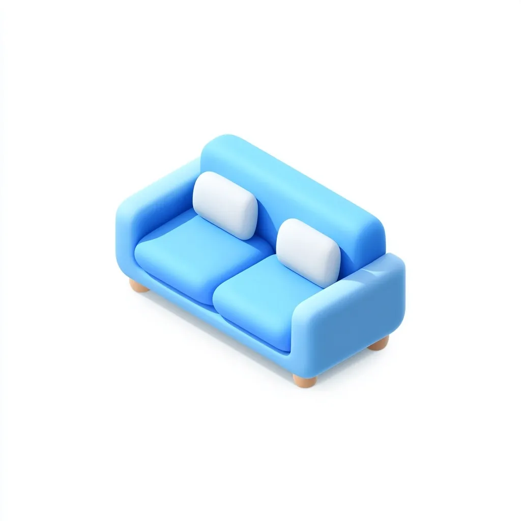 A light blue, two-seater sofa is presented in a 3D isometric view.  The sofa features rounded edges and simple design. Two off-white pillows rest on the cushioned seats.  The sofa sits on small, light brown legs against a plain white background.  The style is minimalist and cartoonish.