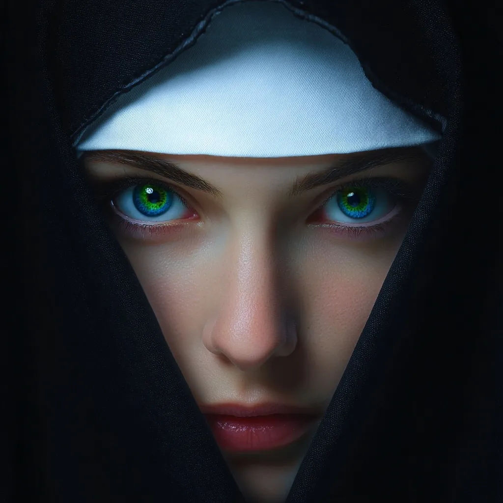 A close-up portrait of a woman partially veiled in a dark, flowing fabric.  Her striking blue eyes are accentuated by the contrast with the black, and a white under-veil frames her face.  The image evokes a sense of mystery and intrigue, focusing on her intense gaze and the subtle details of her features.  The dark background emphasizes her face, creating a dramatic effect.